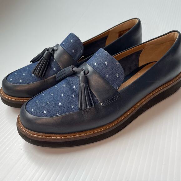 Clarks Glick Castine loafer navy leather with tassel size 6.5 patterned fabric - Picture 8 of 12